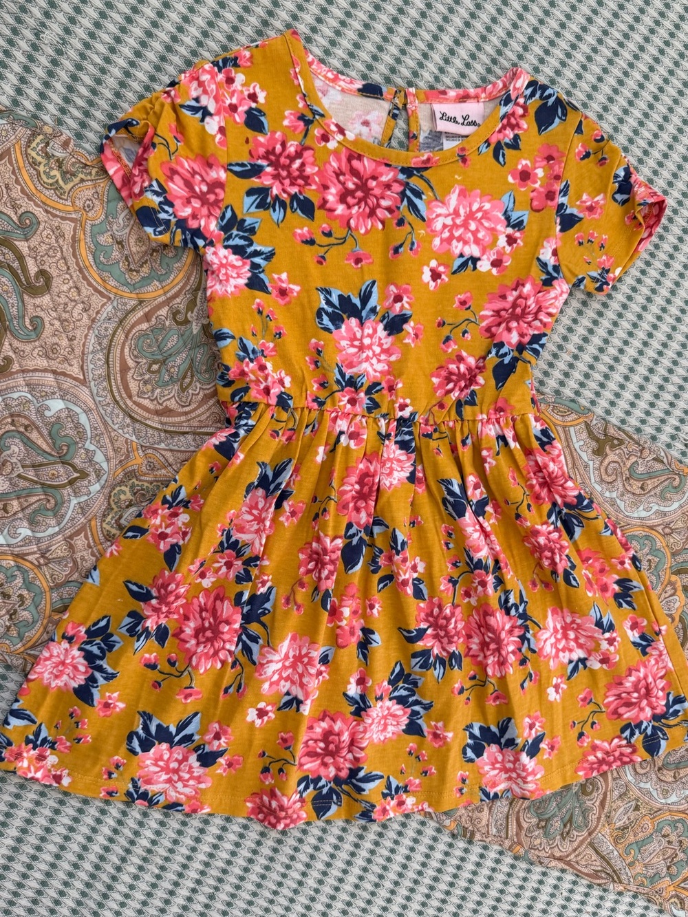 New Little Lass Mustard Floral Short Sleeve Dress with Pink & Navy Accents sz 4